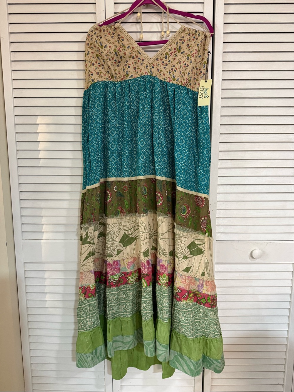Jaded Gypsy Patchwork dreams Halter  Maxi dress in Teal, Green and Cream ruffles